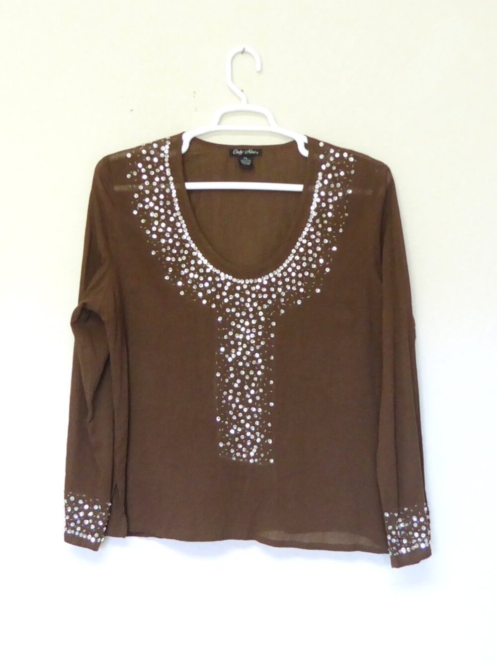 Only Nine brown thin gauze and silver sequin beaded detail top size XL